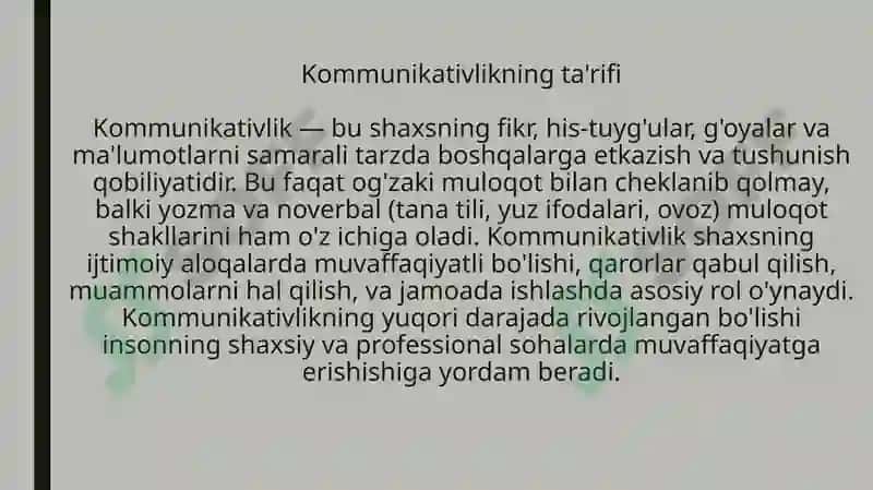 Soft skills-kommunikativlik. Turli sohalardagi faoliyat natijalarini samarali namoyish etish. Taqdimotni tuzish. Axborotni transformatsiyalashtirish. 3