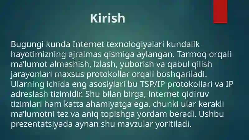 TSP IP protokollari va adreslar Internetning qidiruv tizimi va undan foydalanish. 3