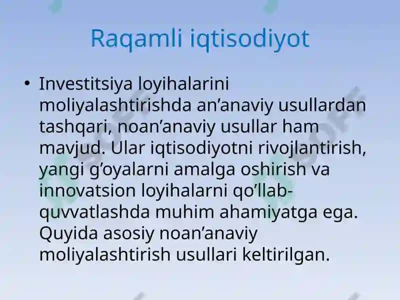 Investitsiya loyihalarini moliyalashtirishning noan’anaviy usullari 3