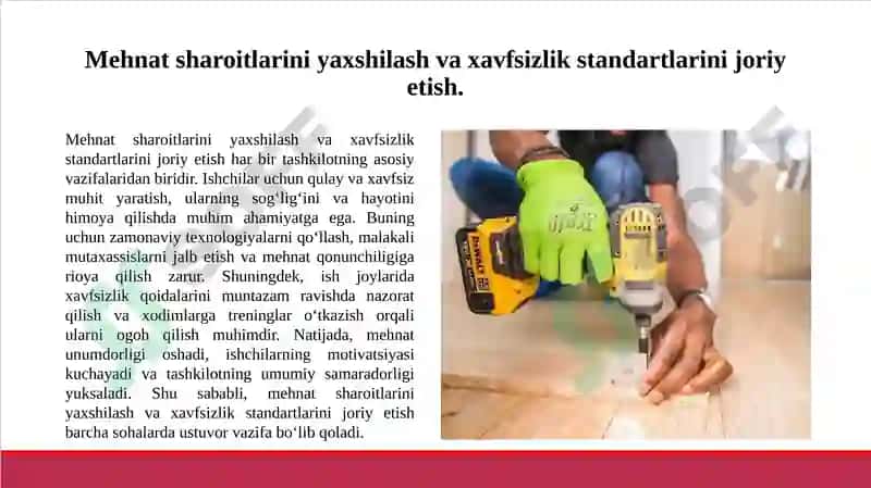 Mehnat sharoitlarini yaxshilash va xavfsizlik standartlarini joriy etish 3