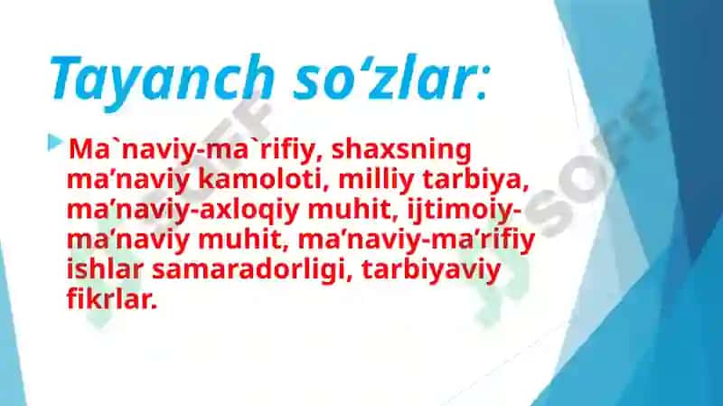 Tarbiya fanini o‘qitishning ilmiy, diniy, badiiy va falsafiy asoslari. Uzluksiz ta’lim jarayonida shaxsning ma’naviy kamolotiga oid fazilatlarni shakllantirish. Ma`naviy-ma`rifiy ishlarning takomillashuvi-tarbiyaning asosi 3