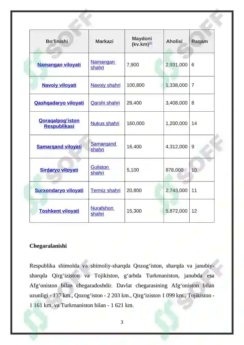 O‘zbekiston Respublikasi barcha viloyatlarining statistik malumoti 3