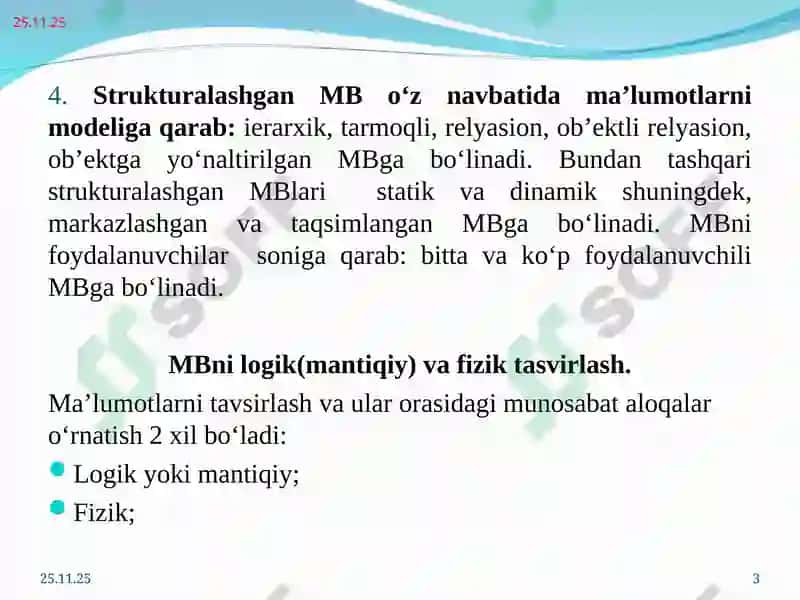 Ma`lumotlar bazasini arxitekturasi. Ma`limotlarni fizik va mantiqiy tavsifi.  Uch bosqichli arxitektura 3