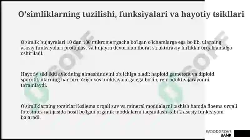 O'simliklar dunyosi va ularni hayot tarzidagi bilimlarni biliblarni bilish 3