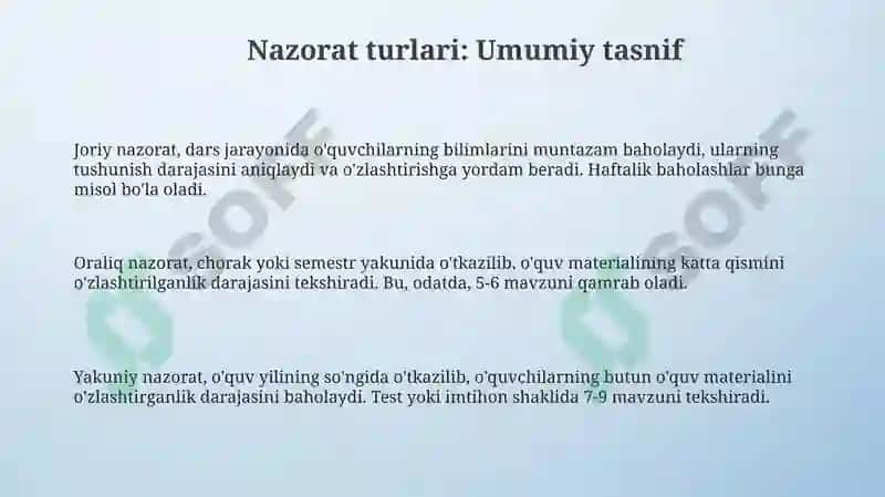 Oʻquvchilarning bilim koʻnikma va malakalarni nazorat qilish turlari shakli va metodlari 3