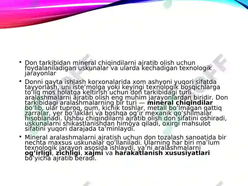 Don tarkibidan mineral chiqindilarni ajratib olish uchun foydalanan uskunalar va ularda kechadigan texnologik jarayonlar 3