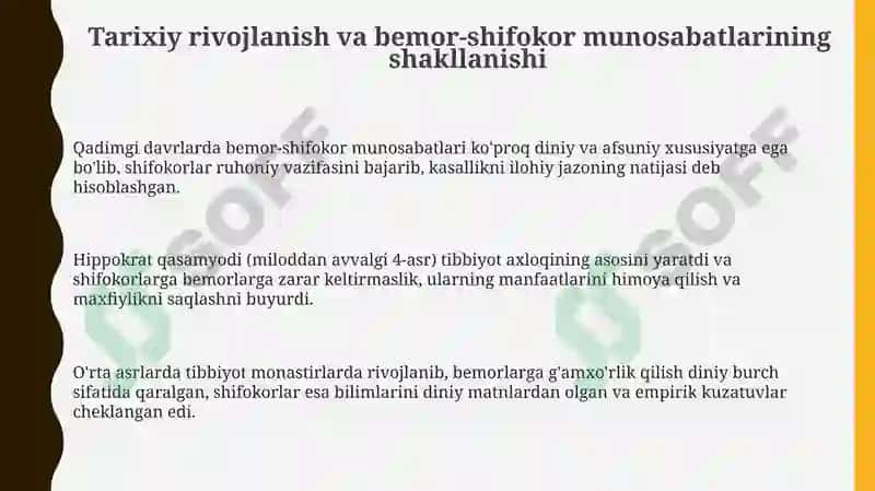 Tibbiyot fan va amaliyotining rivojiga bog‘liq bemor va vrach munosabatlari 3
