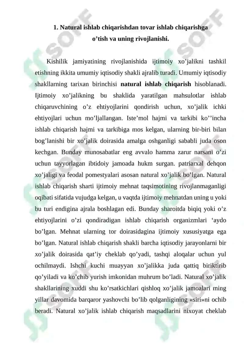 Natural ishlab chiqarishdan tovar ishlab chiqarishga o’tish va uning rivojlanishi 3