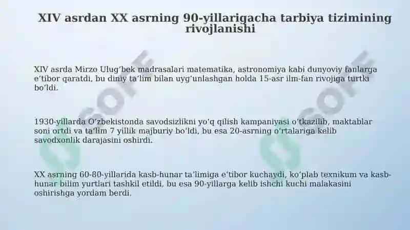 XIV asrdan XX asrning 90-yillarida boʻlgan tarbiya maktab va taʼlim tizimi 3