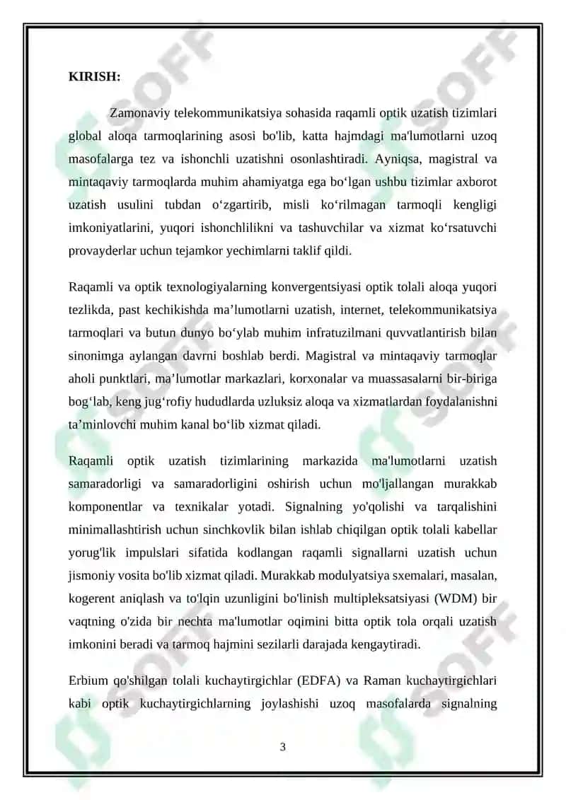 Magistral va regional tarmoqlarda qoʻllaniladigan raqamli optik uzatish tizimlari 3