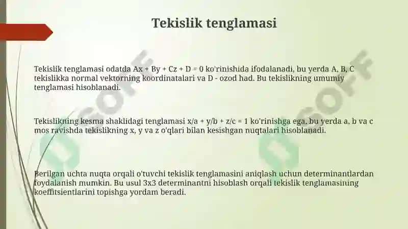 Fazoda toʻgʻri chiziq va tekislikka doir asosiy masalalar 3