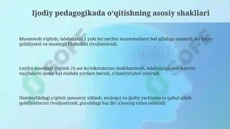 Kreativ pedagogika fanining oʻqitishning asosiy shakllari 3