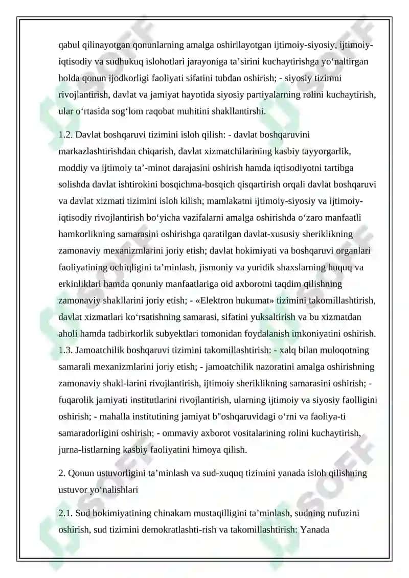 O’zbekistonni rivojlantirishning harakatlar strategiyasi-milliy taraqqiyot asosini o’rganish. 3
