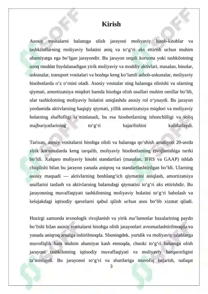 Asosiy vositalarning balansga olinishi va ularning qiymati, amortizatsiya miqdori hamda hisobga olish usullari 3