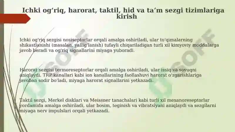 Ichki og'riq, harorat, taktil, hid va ta'm bilish sensor sistemalari 3
