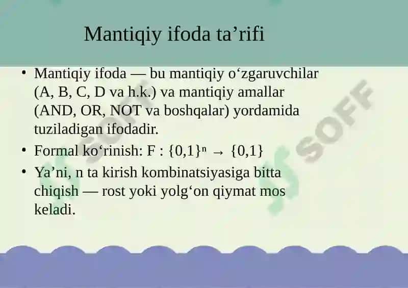 Murakkab mantiqiy ifodalar va Boolean algebra 3