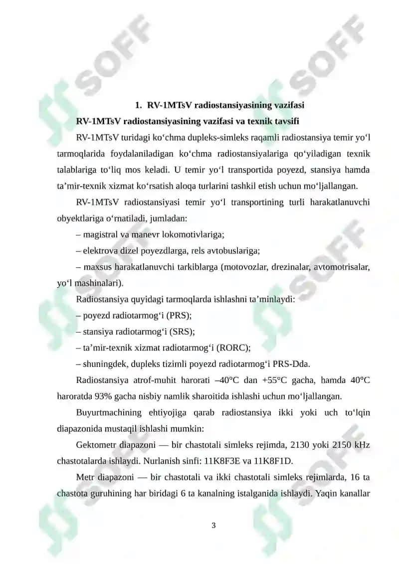 RV-1 MTsV radiostansiyasining parametrlari va qo'llanilishi. 3