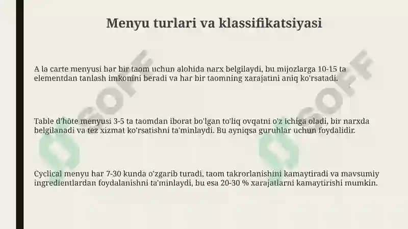 Menyu va uning turlari mijozlarga xizmat koʻrsatishda menyuga qoʻyilgan talablar 3