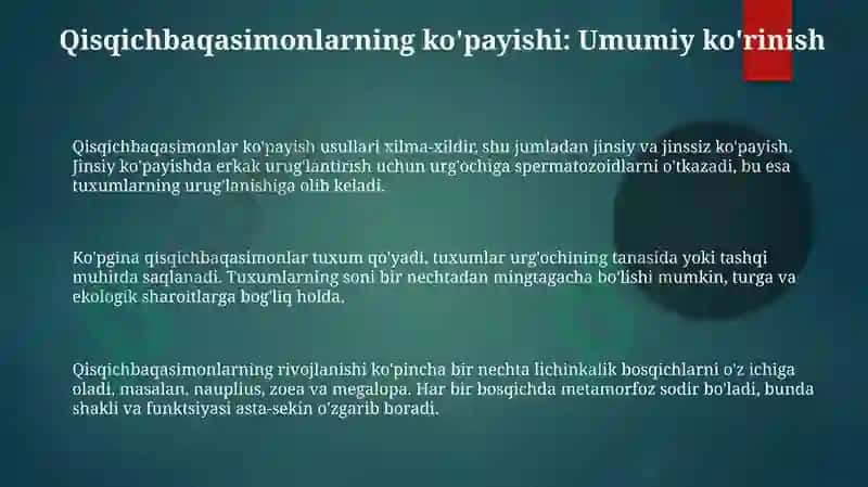 Qisqichbaqasimonlarning Kopayishi va Rivojlnishi jabraoylilar Sinfiga Xarakteristika bering 3