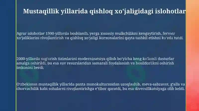 Mustaqillik yillarida qishloq xo'jalik vasan'at sohasidagi o'zgarishlar 3