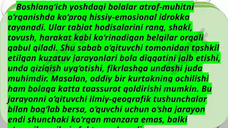 Boshlang'ich ta'lim tabiiy fanlari darslarida kuzatish orqali yangi bilim va tushunchalarni shakllantirish. Ekologik madaniyatini shakllantirishda o'qituvchining kuzatishga yo'naltirishgan topshiriqlar 3