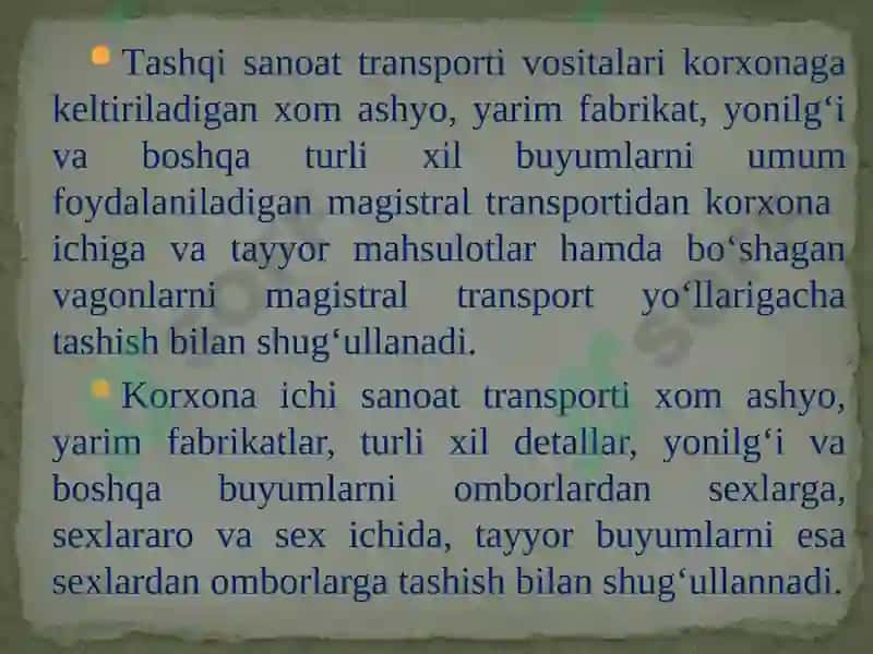 MАVZU №9. SАNOАT TRАNSPORTINING TEXNIK-IQTISODIY TАVSIFI VА RIVOJLАNISH MUАMMOLАRI 3