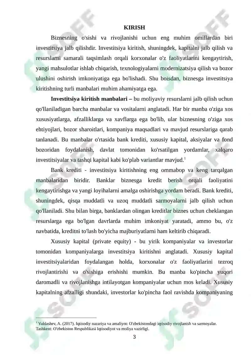 Biznesga investitsiya kiritish manbalari 3