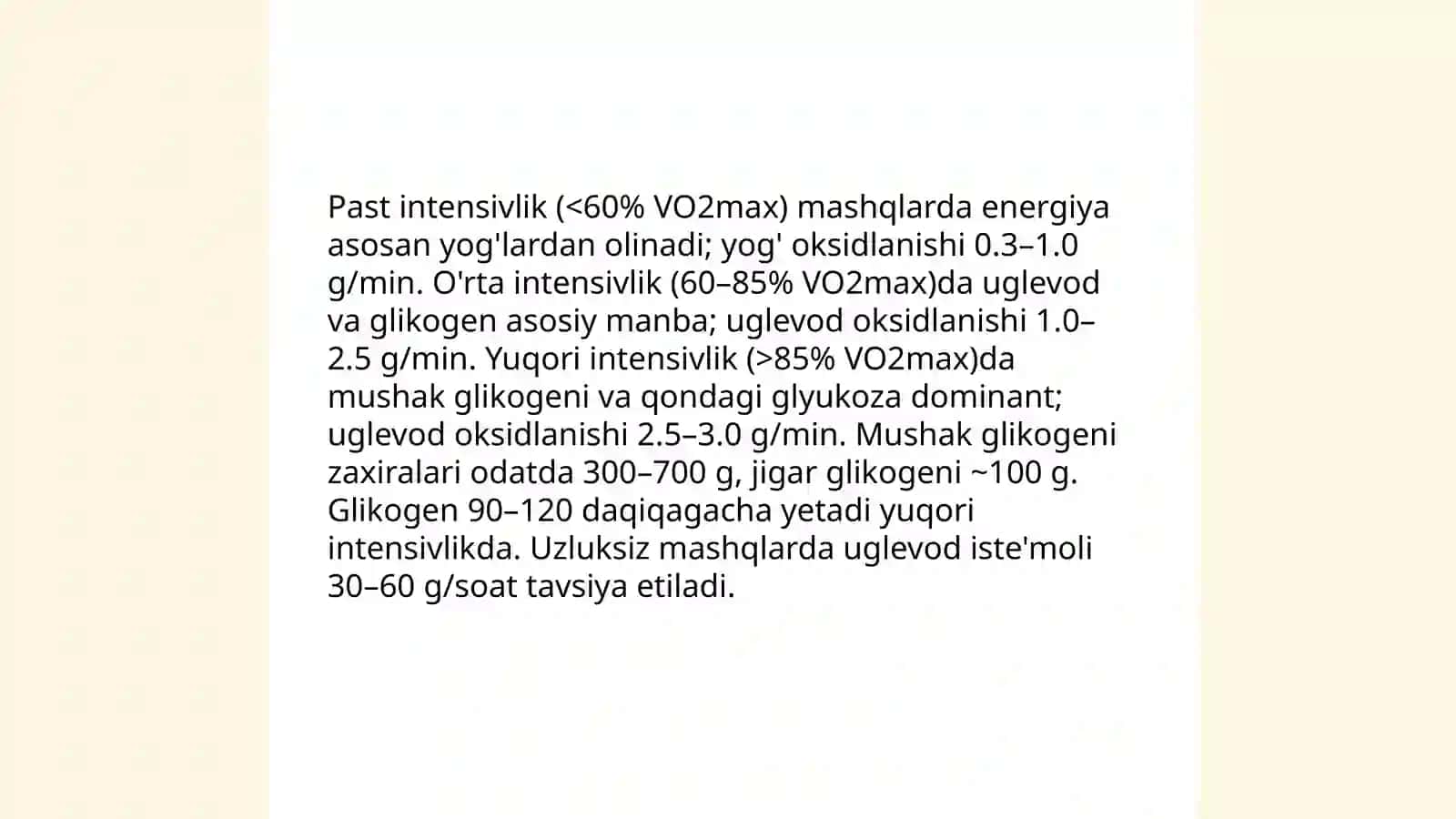 Mashq intensivligi va energiya manbalarining tanlanishi: uglevod va yog'lar 3