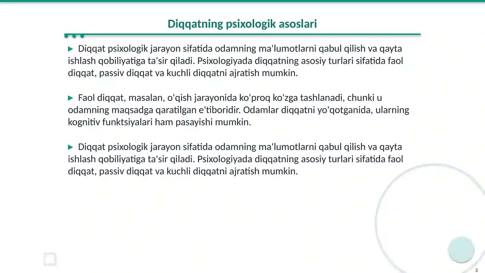 Diqqat haqida tushuncha indikatorlari va mexanizmlarini turlari asosiy xususiyatlari 3