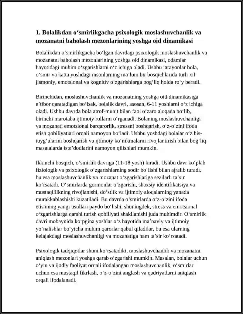PSIXOLOGIK MOSLASHUVCHANLIK VA MOZANATNI BAHOLASH MEZONLARI RIVOJLANISHNIG YOSHGA VA INDIVIDUAL XUSUSIYATLARIGA OID TADIQOTLAR TAHLILI 3