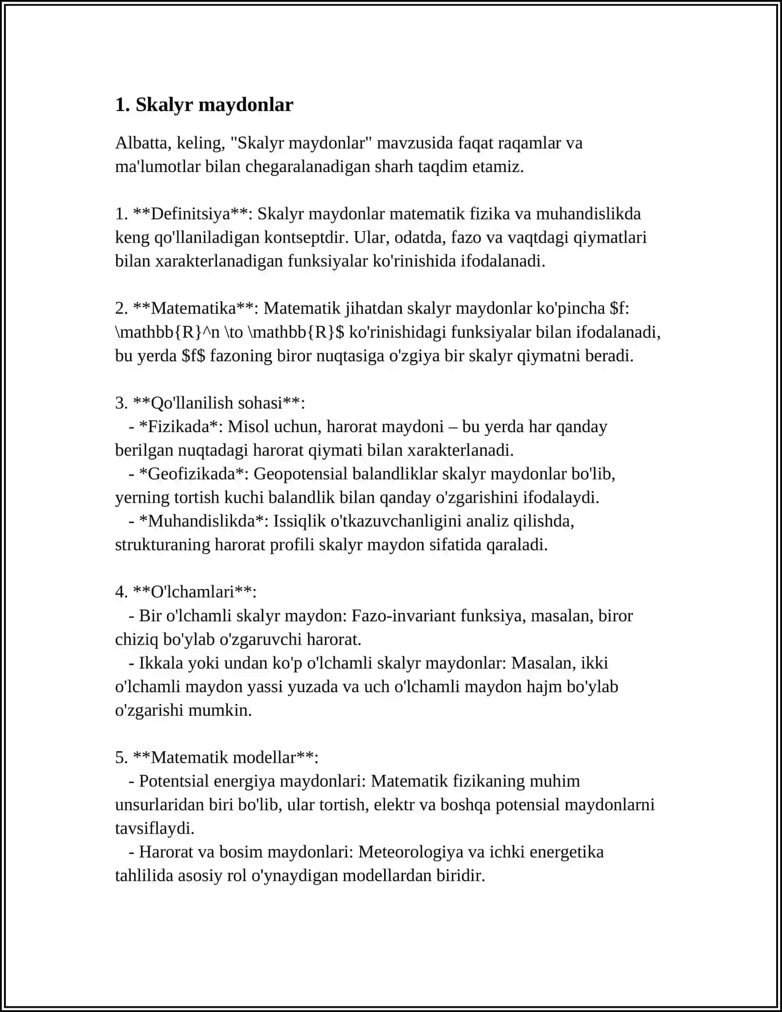 Skalyar va vektor maydonlar. Yo'nalish bo'yicha hosila. Gradient. Vektor chiziqar. Vektor maydonning divergentsiyasi. Ostrogradski teoremasining tadqiqi. Vektor maydonining sirkulyatsiyasi. Solenoidal maydonlar. Stoks teoremasining tadqiqi 3