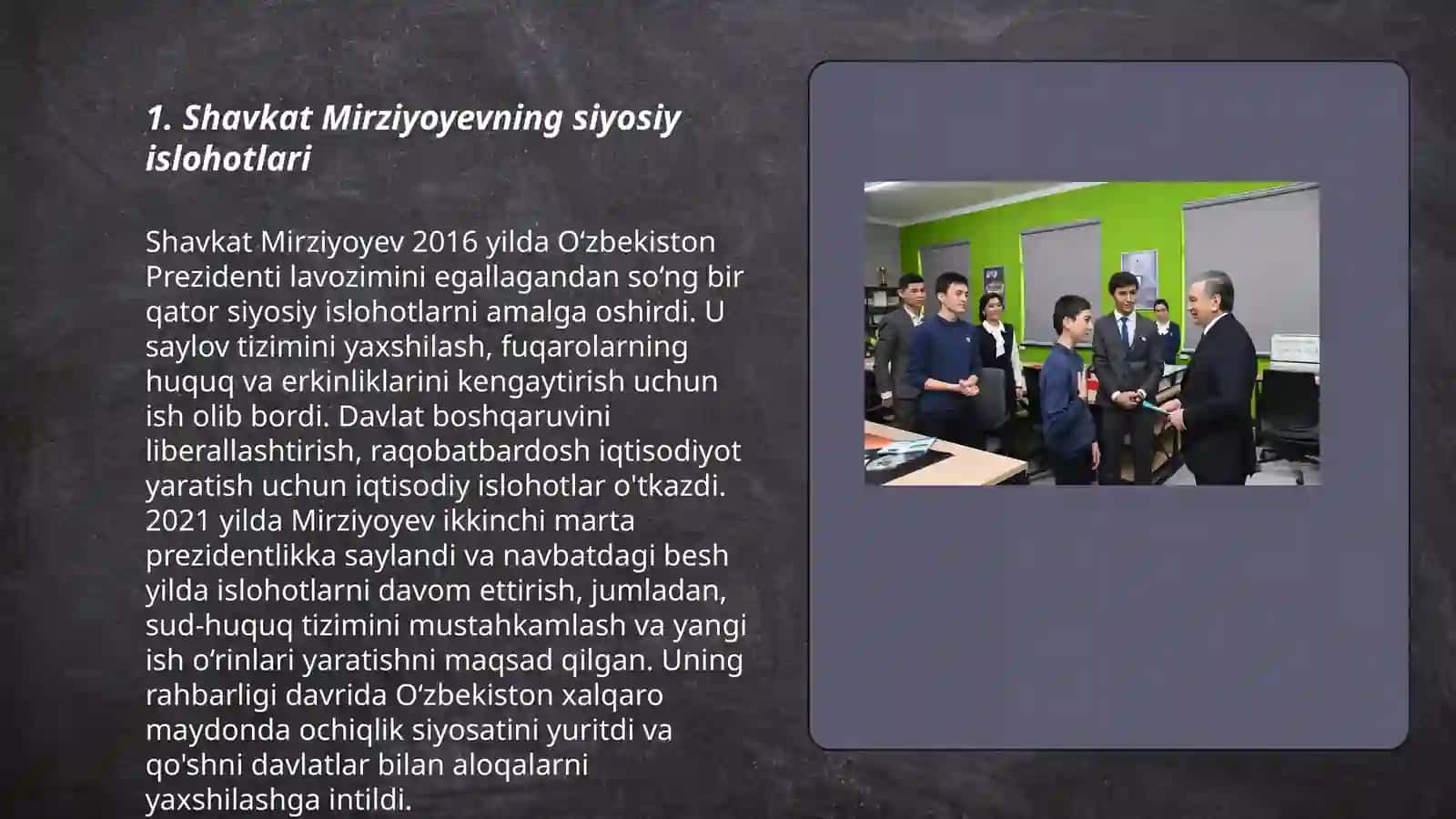 O'zbekiston Respublikasi Prezidenti SH.M.Mirziyoyev yangi O'zbekistonning novator rahbari sifatida 3