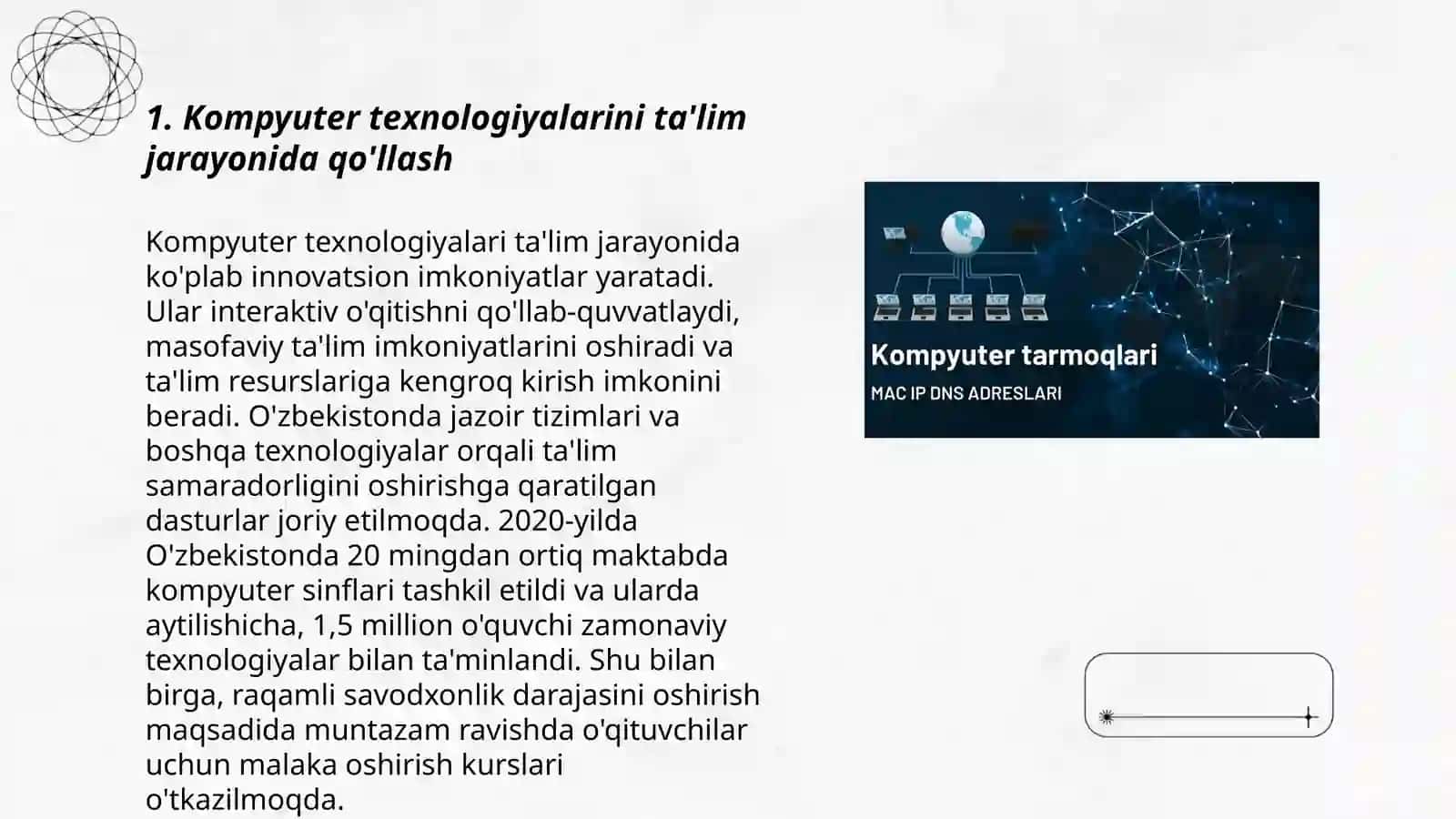 KOMPYUTER VA O‘TVlarini O‘QUV JARAYONIDA QO‘LLASH VA FAN BO‘YICHA ELEKTRON KO‘RGAZMALAR TAYYORLASH 3