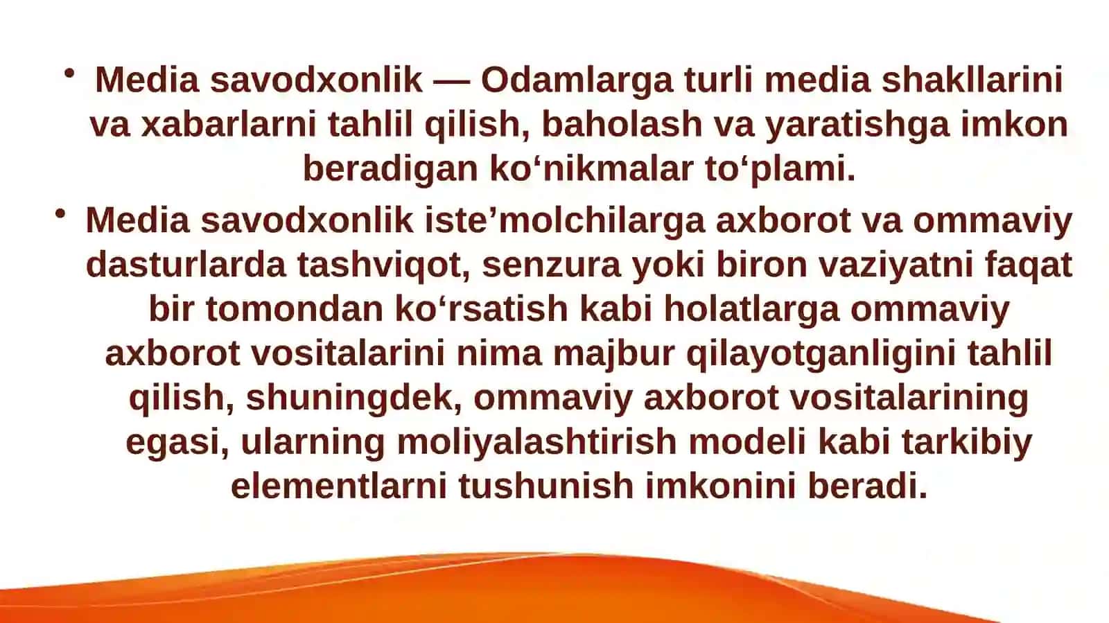 MEDIASAVODXONLIK VA AXBOROT MADANIYATI FANIDAN TAYYORLAGAN TAQDIMOTI 3