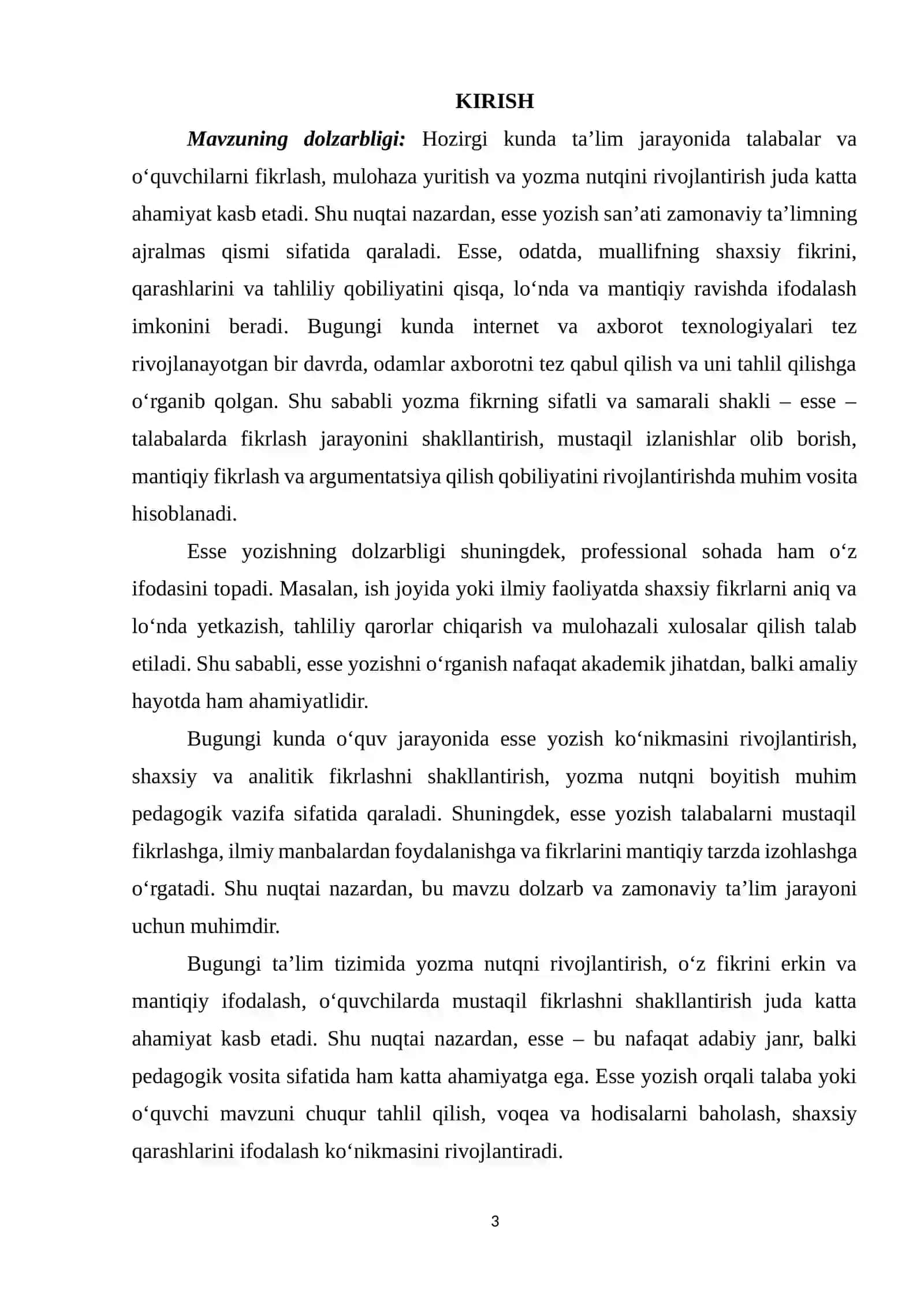 ESSE VA UNING TURLARINING O’RGANISH METODIKASI kurs ishi 3