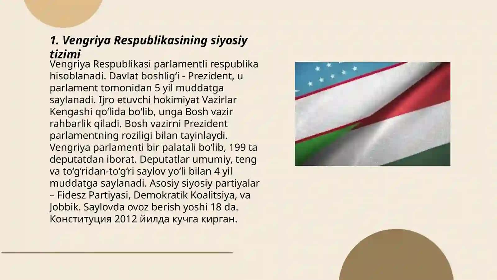 Vengriya Respublikasi, siyosiy tizimi,hukumati,davlat boshqaruvi,konstitutsiyasi, federal tizimi, siyosiy madaniyati,harbiy salohiyati,va davlat ichki vantashqi muammolari 3
