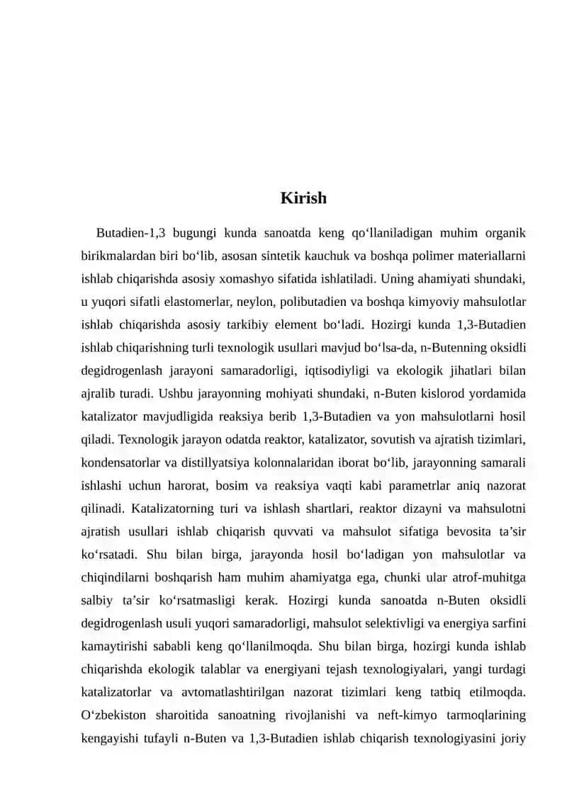 N-Butenni oksidli degidrogenlash bilan 1,3-butadiyen ishlab chiqairish texnologiyasidagi degidratatorni hisoblash 3