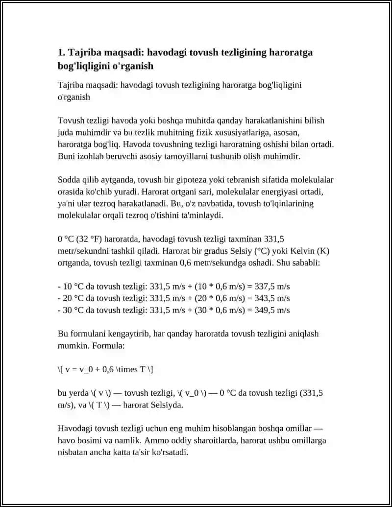 8 LABORATORY A ISHI HAVODAGI TOVUSH TEZLIGINING HARORATGA BOGLIQLIGINI O'RGANISH 3