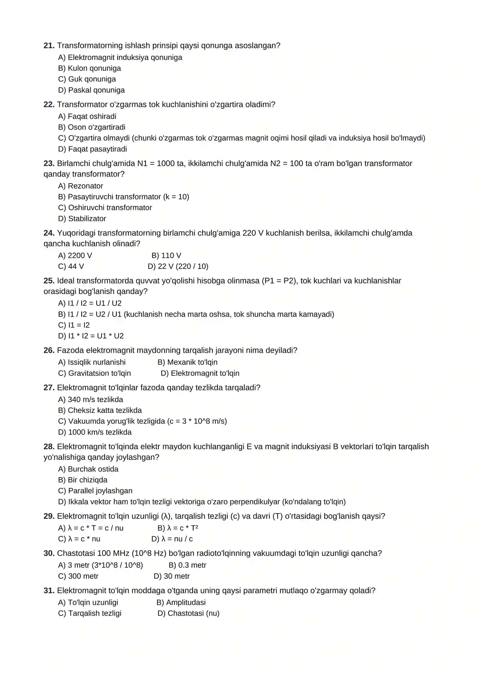 11-SINF FIZIKA FANIDAN TESTLAR TO'PLAMI 3