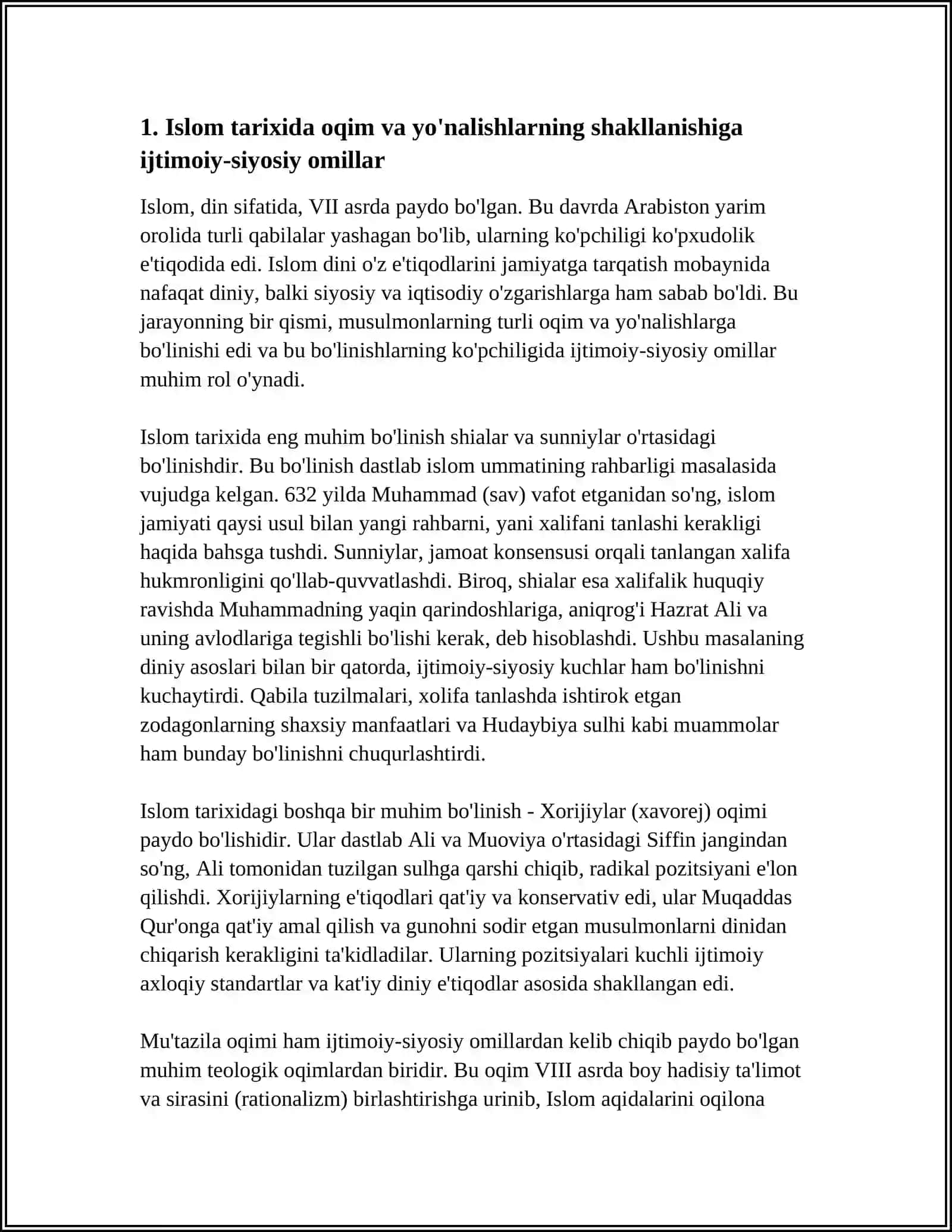 ISLOM OQIMLARI VA YO'NALISHLARINING PAYDO BO'LISHI SABABLARI, E'TIQODLARI BO'LINISHLARINING SABABLARI VA OQIBATLARI 3