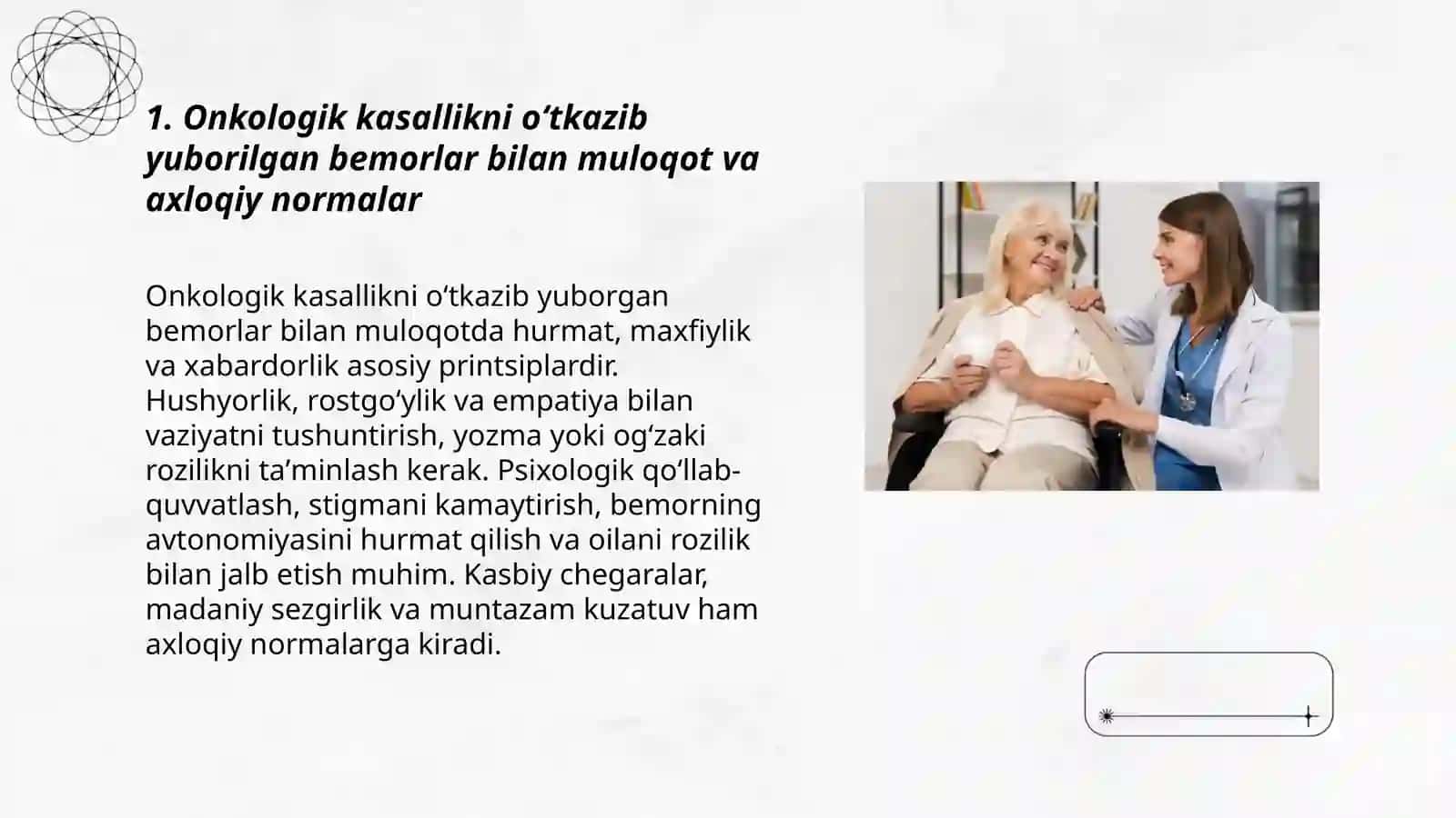 Xastaligi oʻtkazib yuborilgan onkologik bemorlar bilan ishlash deontologiyasi 3