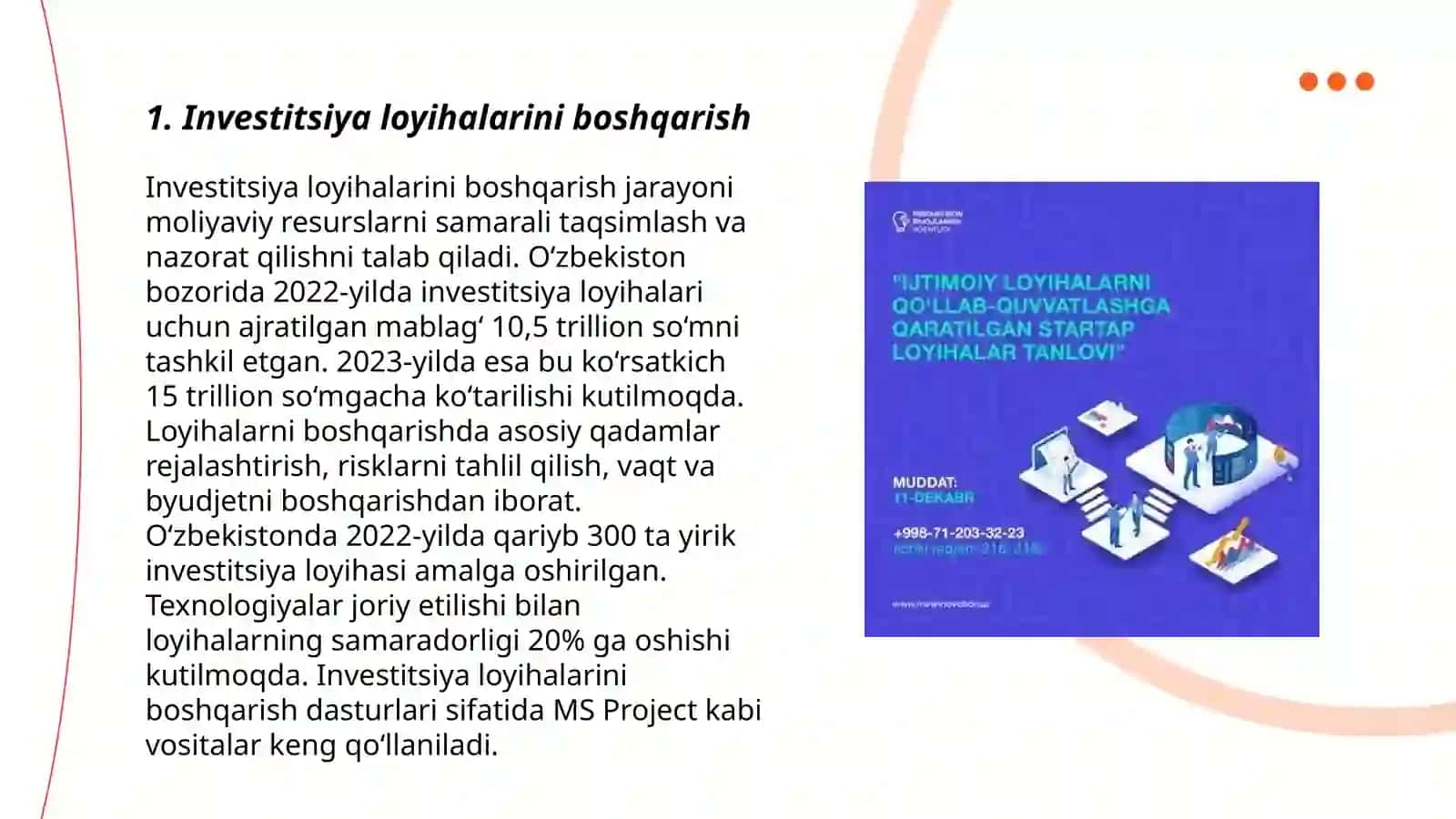 Investitsion loyihalarni qo'llab quvvatlash 3
