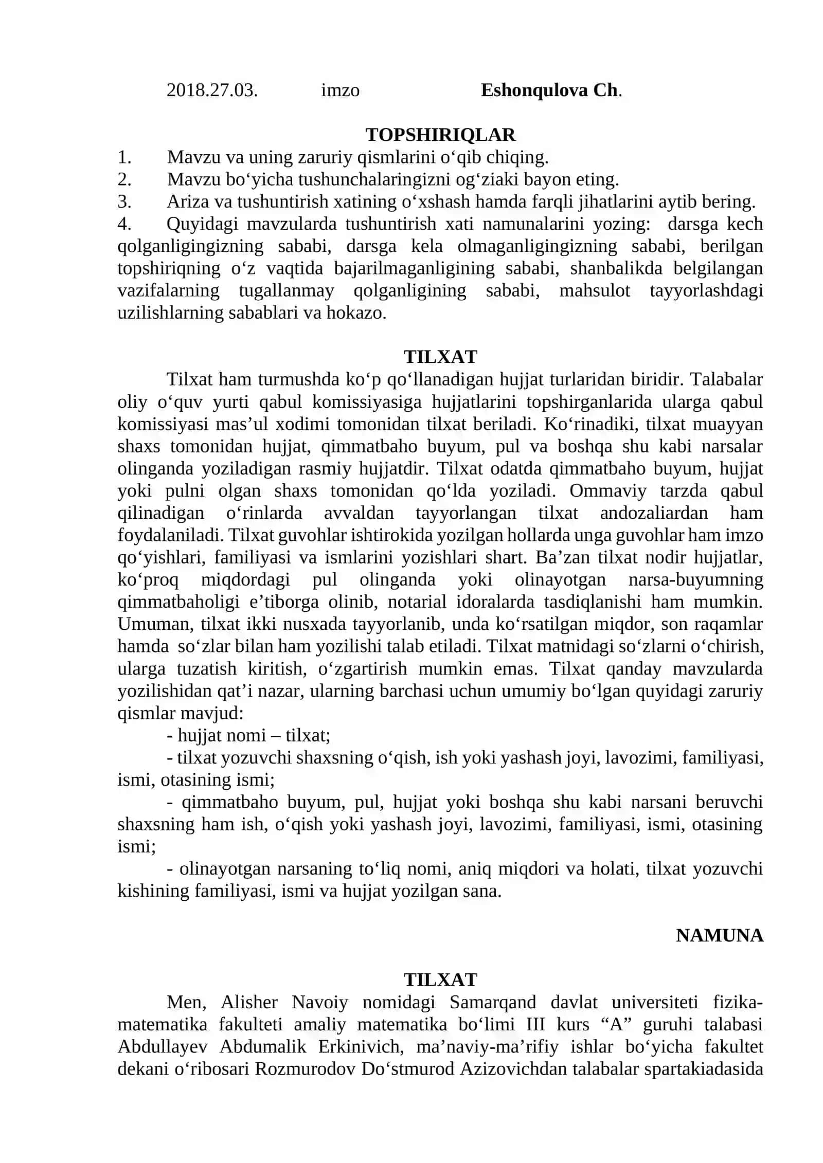 ISHONCHNOMA, TILXAT VA TUSHUNTIRISH XATI MATNI USTIDA ISHLASH VA SHAKLLANTIRISH 3