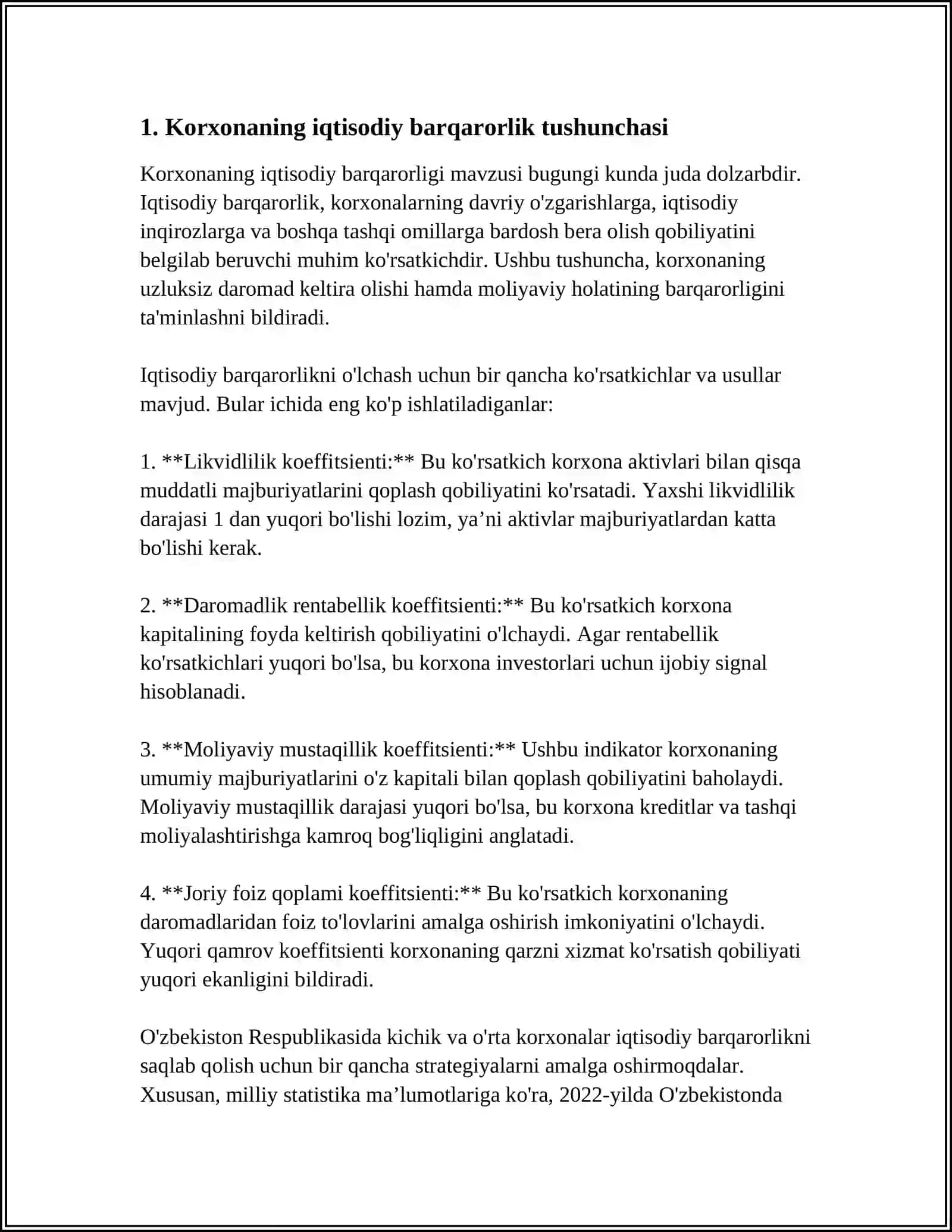 ISLOHOTLARNI DAVOM ETTIRISH VA CHUQURLASHTIRISH SHAROITIDA KORXONANING IQTISODIY BARQARORLIGINI TA’MINLASH ASOSLARI 3