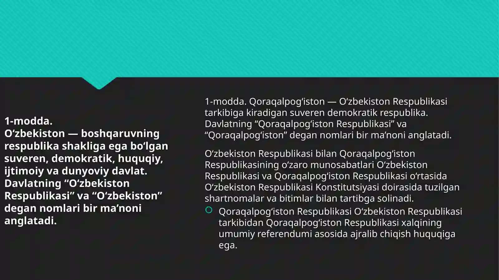 Yangi tahrirdagi Oʻzbekiston Respublikasi Konstitutsiyasi bilan Qoraqalpogʻiston Respublikasi Konstitutsiyasining farqli jihatlari 3