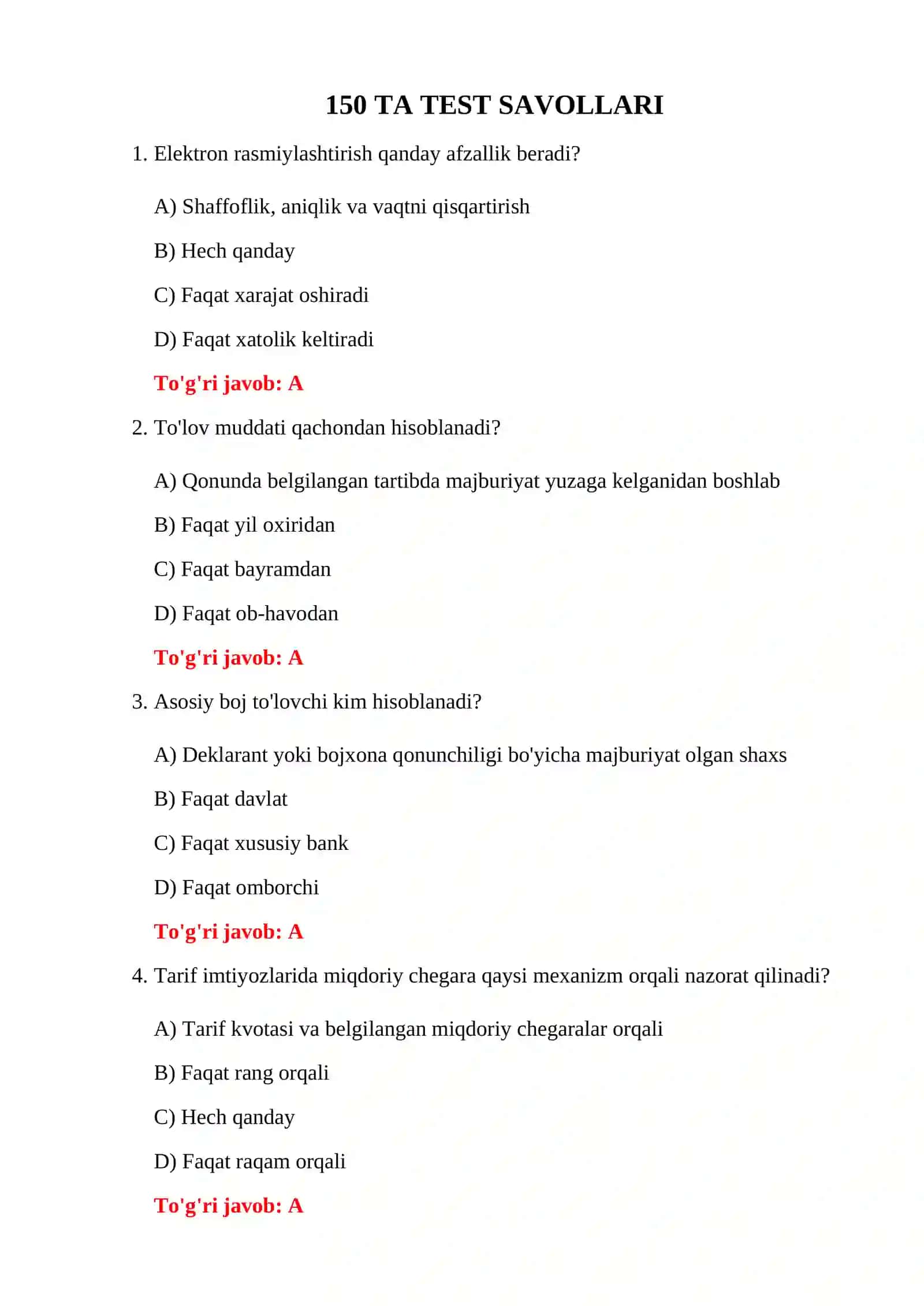 BOJXONA BOJ STAVKALARI TESTLARI 3