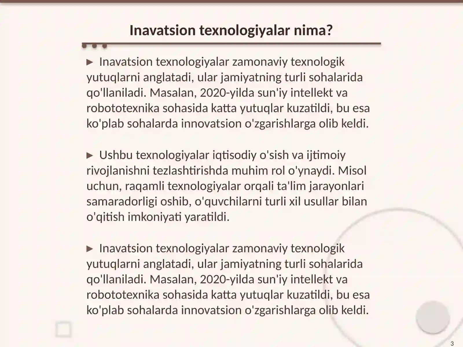 Maktabgacha taʼlimda inavatsion tehnalogiya fani. Inavatsiya va jamiyat mavzusi 3