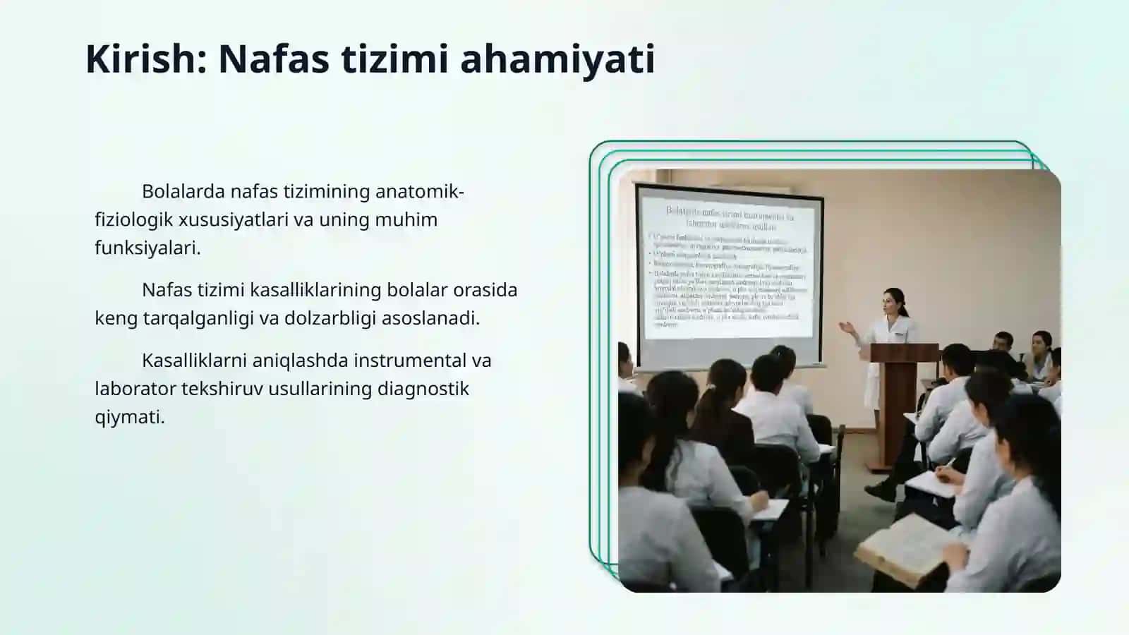 Bolalarda nafas tizimini instumental va laborator tekshiruv usullari. O'pkani funksional va instrumental tekshirish usullari: spirometriya, spirografiya, pnevmotaxometriya, pikfluometriya. O'pkani rentgenologik tekshirish. Bronxoskopiya, bronxografiya, tomografiya, flyuorografiya. Bolalarda nafas tizimi kasalliklarini semiotikasi va sindromlari: yuqori nafas yo'llari zararlanish sindromi, krup sindromi, bronxial obstruksiya sindromi, o'pka to'qimasining infiltratsiya sindromi, atelektaz sindromi 3