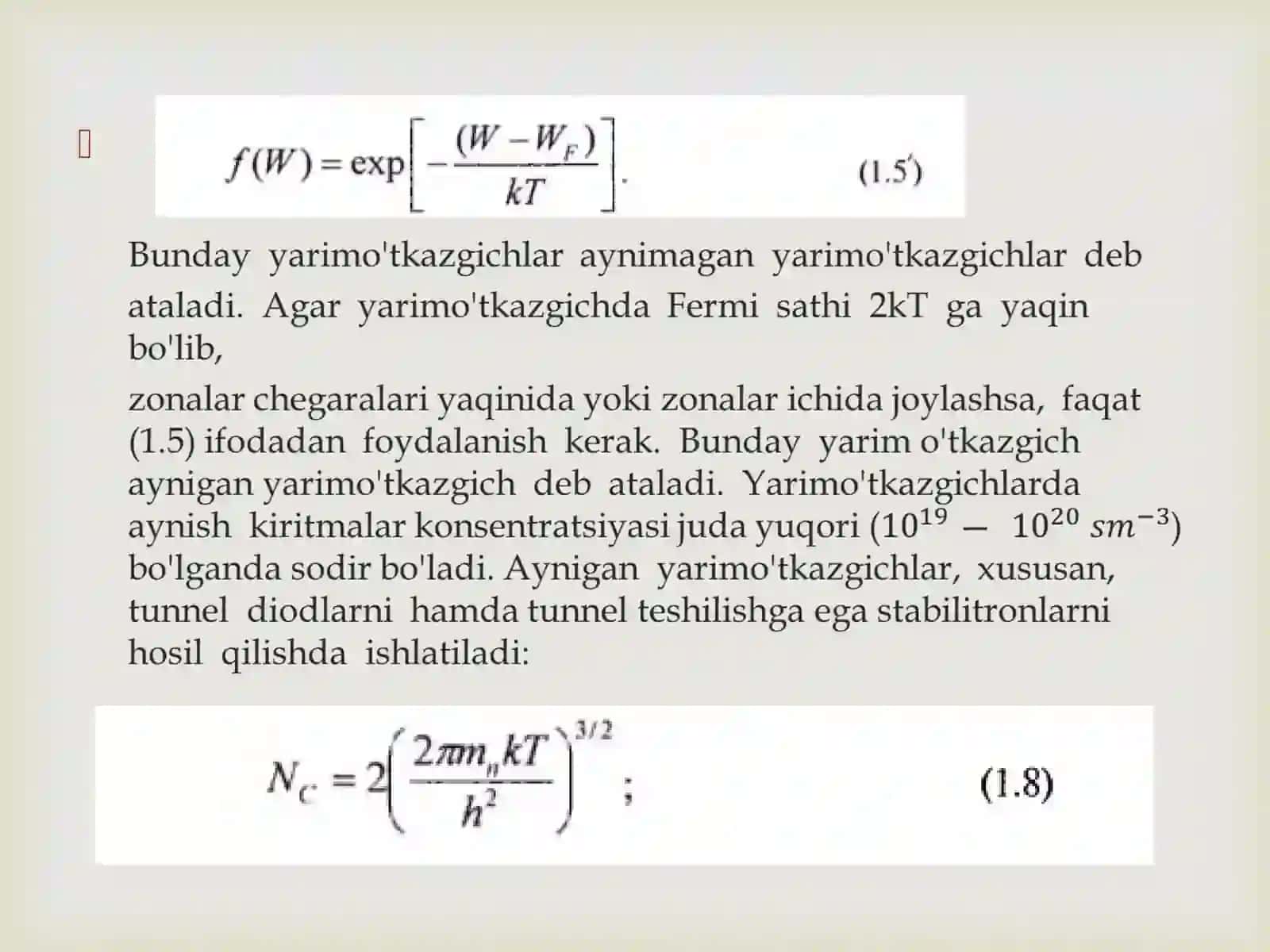 Erkin zaryad tashuvchilarning muvozanat holatdagi konsentratsiyasi 3
