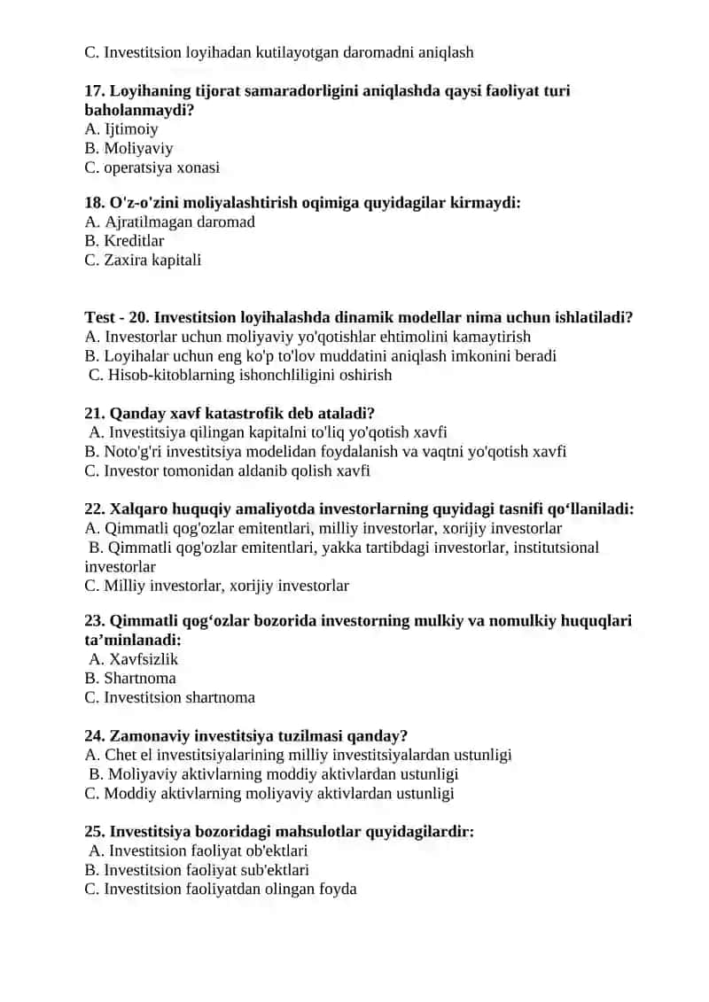 Инвестиция фанидан тестлар 3